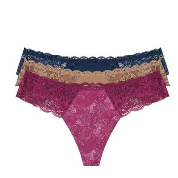 JOYSPUN Lace Trim Women's Thong Panties -  Navy, Brown, Blackberry - Picture 1 of 8